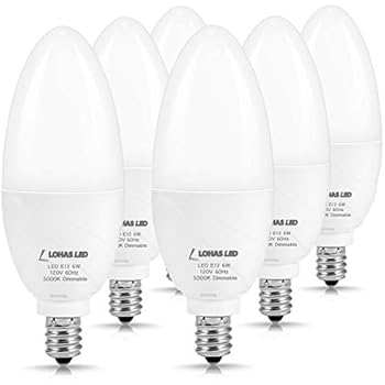 LOHAS E12 Candelabra LED Bulb, Dimmable Daylight Bulb 5000K, LED 6W Ceiling Fan Light Bulbs 60W Equivalent, Candelabra Base 550 Lumens for Chandelier Lighting Lamp Table Dinning Room Lighting, 6 Pack