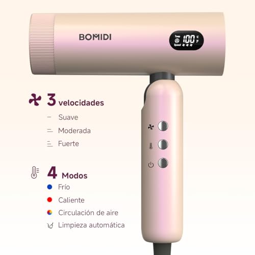 Secadora de Cabello, Bomidi Secador de Pelo Plegable Alta Velocidad Profesional, 100000RPM con ionico de 500M Y Pantalla LED Y Modo Autolimpieza,110-240V, Ideal para Cabello Liso y Ondulado HD08