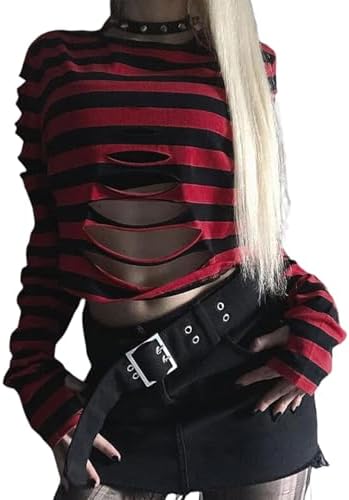 Fayueye Women Gothic Ripped Crop Tops Goth Punk Long Sleeve