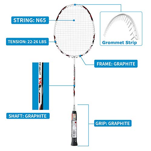 WHIZZ 2 PCS 100% Graphite Badminton Racket Set, Frame/String Protection Design, Large Badminton Bag / 2 Grip Tapes Included (Black/White)