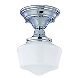 6 Inch Semi Flushmount Vintage Schoolhouse Style Ceiling Light with Chrome Finish and Opal White Milk Glass Shade