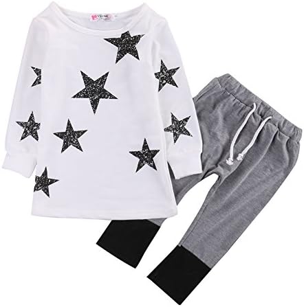 Zekyy Children Leisure Star Picture Long Sleeve T-shirt Suit Add Gray Lacing Pants Leggings Loose Wear (8-9 years old, White)