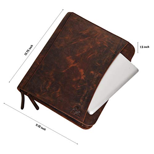 Leather Business Padfolio Portfolio for Men - Professional Executive Zippered Binder Folder 13.5 x 11 Inches Notepad Folio School Organizer for Women (Brown Crazy Horse)
