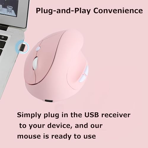 Wireless Mouse Ergonomic Vertical Pink Rechargeable Silent Upright Comfortable Carpal Tunnel Ergo Optical Cordless Mice for Small Middle Hands for PC Laptop Computer Macbook Office Work Wrist Pain