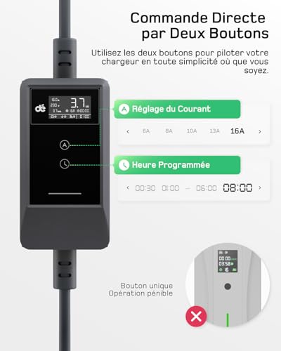 dé 3.7kW Electric Car Charger APP [10m, 6-16A] Electric Car Charging Cable with Wall Mount, Type 2 Digital LCD Charger, Compatible with E-208, Model Y, E-Tech and Other EV/PHEV
