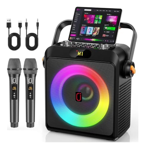 JYX Karaokê com 2 Microfones Sem Fio para Adultos e Crianças, Karaoke Portatil com Luzes de RGB DJ, Suporte para BT/TF/USB/AUX, Ajuste do ECHO/BASS, Para Festas Internas e Externas