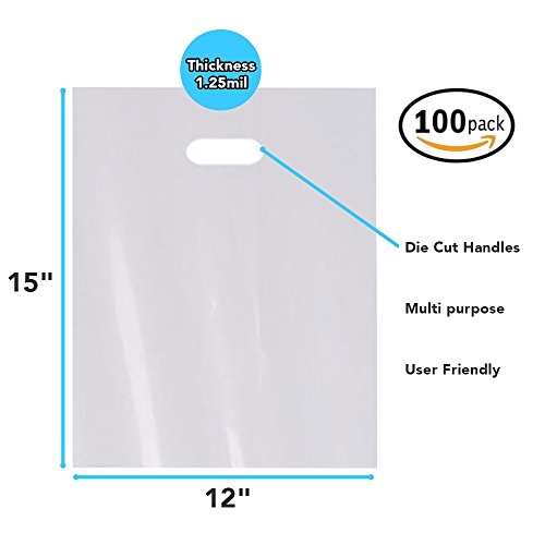 White Merchandise Plastic Shopping Bags - 100 Pack 12" x 15"with 1.25 mil Thick | Die Cut Handles | Perfect for Retail Shops, Party Favors, Birthdays, Children Parties | Color White | 100% Recyclable