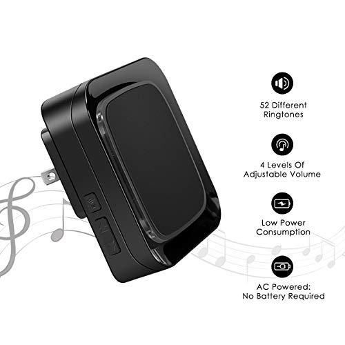 Wireless Doorbell, Coolqiya Door Bell Chimes Kit with 3 Plugin Receivers and 2 Remote Waterproof Push Buttons, No Battery Required for Receivers, 52 Melodies, Black - Thumbnail 2