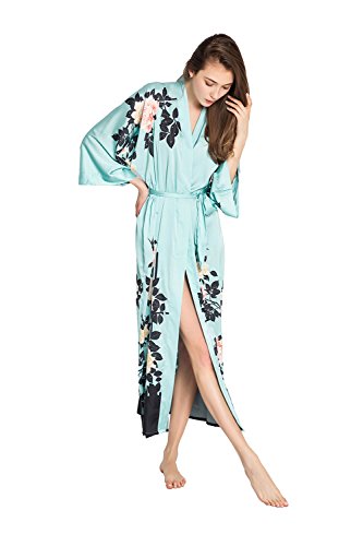 Old Shanghai Women's Kimono Robe Long - Watercolor Floral, Blush Rose- Mineral Blue - Thumbnail 3