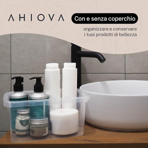 AHIOVA 4L Small Plastic Boxes with Lids Set of 6 Stackable Storage Boxes 100% Transparent Click Pressure 26.5 x 19.5 x 12.5 cm Bathroom Drawers Office BPA Free Made in Europe