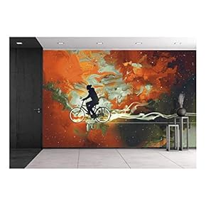 Silhouettes of Man on Bicycle in Universe Filled,Illustration Art - Removable Wall Mural | Self-Adhesive Large Wallpaper - 66x96 inches