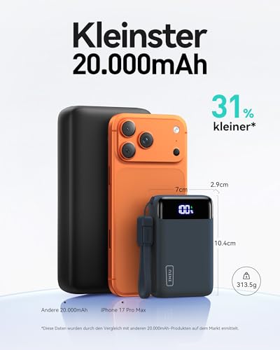 Power Bank, Ultra Klein 20000mAh 22.5W Schnellladefunktion Power Bank iPhone, Mini Externe Handyakkus, Flugtauglich, Reise-Essential, Klein Aber Stark für iPhone 17 16, Samsung S25, iPad, Blau