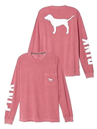 VS Pink Victoria's Secret Pink Campus Long Sleeve Dog Logo Tee Shirt, Begonia (Large) at Amazon 