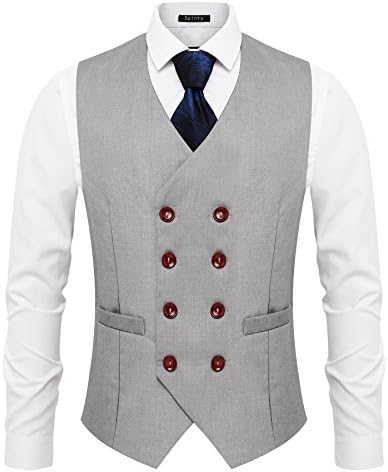 Spinty Mens Slim Solid Color Double Breasted Suit Vest Grey