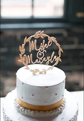 Wedding Names Cake Topper Personalized Laurel Wreath in Gold Glitter or Rustic Wooden Boho Chic Wedding Cake Topper