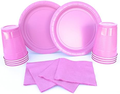 Decorative Dinnerware Party Pack | Bundle Includes Paper Plates, Beverage Napkins, Cups | Bright Pink Color