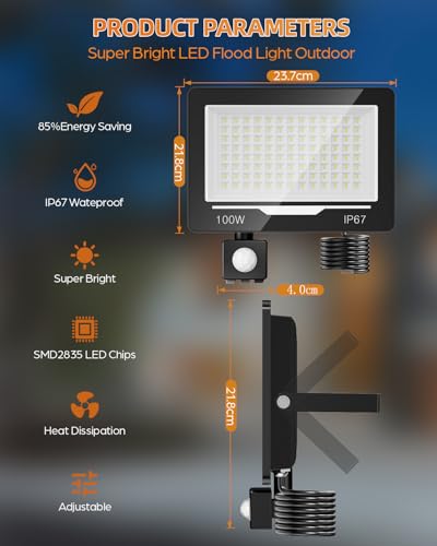 TOPAUBUB 100W 10000LM Outdoor LED Spotlight with Motion Sensor 1 Piece, 6500K Cool White Waterproof IP67 Outdoor Spotlight with Motion Sensor for Patio, Garden