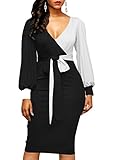 LAVENCHY Womens Vogue Long Lantern Sleeve Waist Belt Sexy Party Wedding Bodycon Skirt Dress For Women Black,L