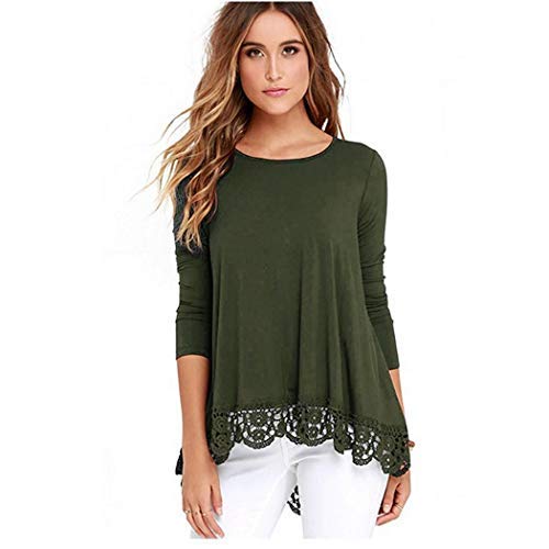 lazinem Women Casual O-Neck Lace Patchwork Hem T-Shirt Knits & Tees Army Green