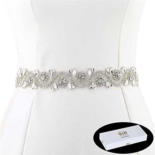 FANGZHIDI Wedding Applique Belt for Dress, 1 Yard Bridal Rhinestone Sash with Crystal Bead Pearls Trim for DIY- Best Gift for Women, Suit for Decorate Evening Gown by Sewing on/Iron on (Silver)