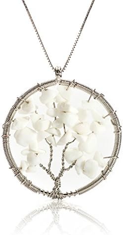 EDENKISS Set Of 3 Handmade Tree Of Life with Gravel Gem Stone Charm Pendant DIY Necklace 18” 24” 30” Chain (White Jade)