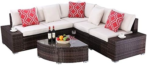 HTTH 6 Pieces Outdoor Patio Garden Furniture Sofa Chair Set Lawn Pool Backyard Sofa Chairs Wicker Rattan Conversation Set with Weather Resistant Cushions with 2 Pillows and Coffee Table (9110-MIX)