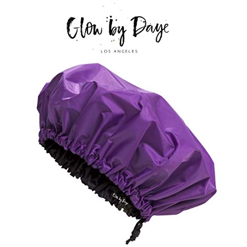Large Satin Lined Shower Cap- Adjustable, Waterproof, Satin Interior for Hair Protection, Designed for Large, Long, or Natural, Hair, Reusable Cap by Glow by Daye (Purple/Black)