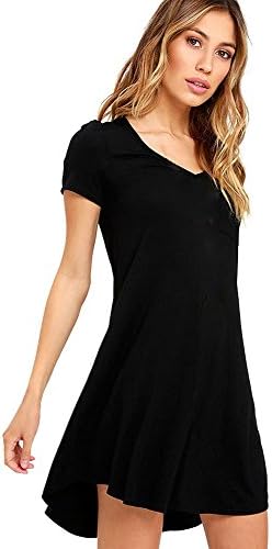 Women's Black Casual Dresses Plain V-Neck Short Sleeve Loose Simple Tunic T-shirt Dress