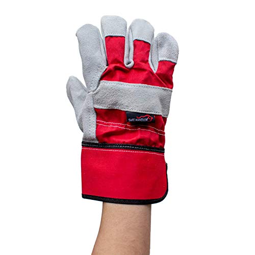 SAFE HANDLER Deluxe Work Gloves | Single Palm Split Leather, 3" Rubber Cuff, Cowhide Leather, Inner Cotton Lining, Rubberized Safety Cuff, Grade A Split Leather, 1 Pair