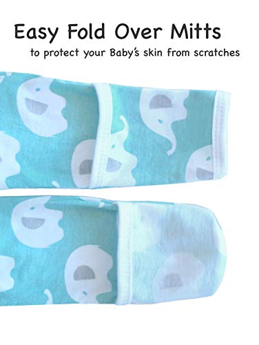 Cambria Baby 100% Organic Cotton Kimono Gowns, Easy Change with Built in Mitts (3-6 Mo, 2 Pk Elephant and Waves) - Thumbnail 2