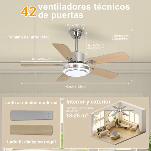Ventilador de Techo con Luz LED 42" - Abanico de Techo Silencioso con Motor DC, 6 Velocidades, Aspas Reversibles (Madera/Plateado), Control Remoto, Ideal para Sala, Dormitorio u Oficina,5 aspas