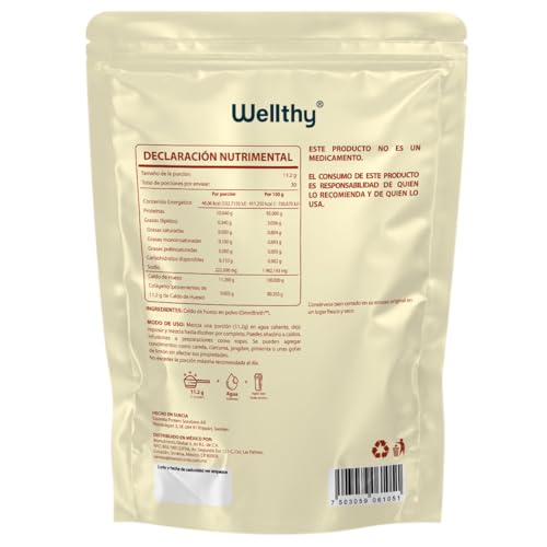Wellthy Bone Broth Sabor Natural 340g. Caldo de Hueso en Polvo Grass Fed OMNIBROTH™, 10.64g de Proteina por Porción, Incluye Scoop, Sugar Free, Gluten Free, Bottle Free.