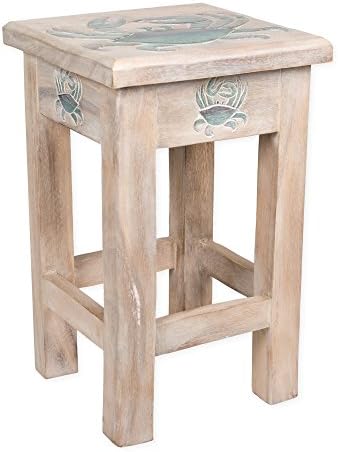 Crab White Wash Carved Acacia Hardwood 18 Inch End Table