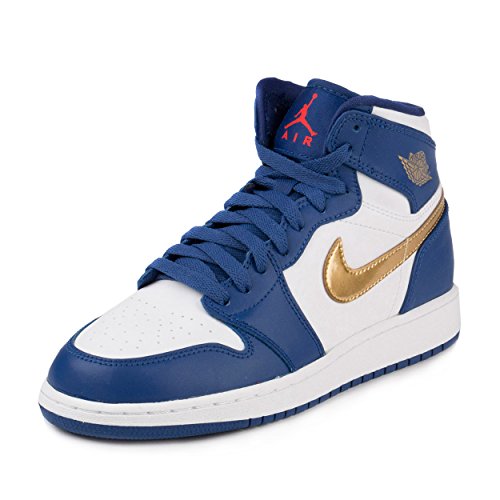 nike air jordan 1 retro high BG hi top trainers 705300 sneakers shoes (5 M US BIG KID, deep royal blue metallic gold coin 406)