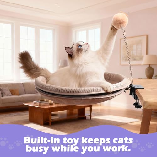 RASSR Cat Desk Bed with Teaser Wand, Under Desk Cats Bed Platform with Sturdy Clamp, Space-Saving Cat Perch Mounts Underneath Desk for Large Cats(Khaki)