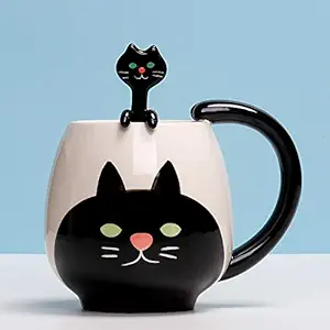 Chanety,cup,cups 12 oz Cat Mug and Spoon,Fox/Panda/Pig/Bear/Frog Mug,Cute Animal Mug For Milk,Coffee,Drinking Water (Color : Cat Black)