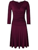 MISSKY Women 3/4 Long Sleeve Crossover Wrap V Neck Ruched Waist Slimming Swing Midi Cocktail Dress (L, Deep Wine)
