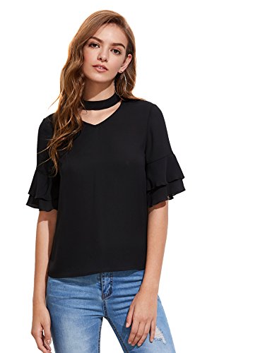 MakeMeChic Women's Choker V Neck Top Ruffle Short Sleeve Blouse #Black S