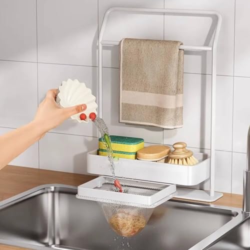 OEOEKHDJ MULTIFUNCTIONAL SPONGE HOLDER WITH STRAINER BASKET FOR KITCHEN SINK, KITCHEN TOWEL RACK SINK FILTER NET ORGANIZER FOR SPONGE BRUSH SOAP DISHCLOTH CLOTH RACK WITH 100 SINK STRAINER (WHITE)