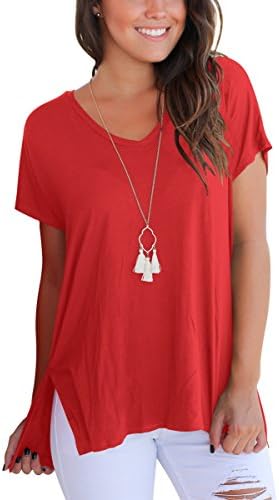 KUSMOO Basic Tshirts For Women Short Sleeve T-Shirt Tops Casual Loose Tees (Red, Large)