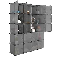 LANGRIA 20 Cube Organizer Stackable Plastic Cube Storage Shelves Design Multifunctional Modular Closet Cabinet with Hanging Rod for Clothes Shoes Toys Bedroom Living Room (Transparent Gray)