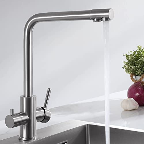 CECIPA PURE-I 3 Way Kitchen Tap with Two Water Outlets: Filtered Water and Hot/Cold Water - 360° Swivel Spout Brushed 304 Stainless Steel