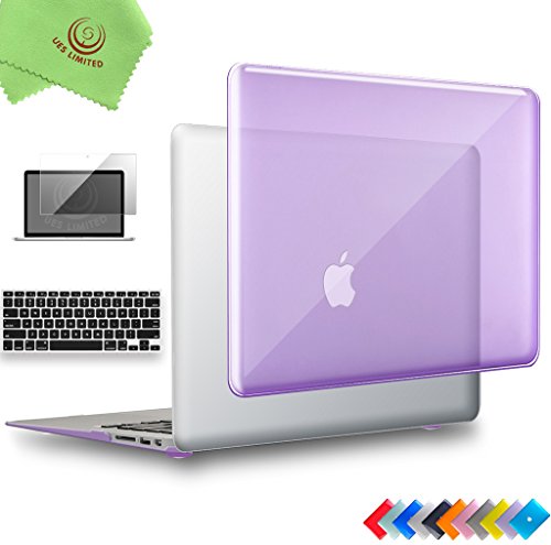 UESWILL 3in1 Glossy Crystal Clear See Through Hard Shell Case Cover for MacBook Air 13" (Model: A1466/A1369) + Keyboard Cover and Screen Protector + Microfibre Cleaning Cloth, Purple