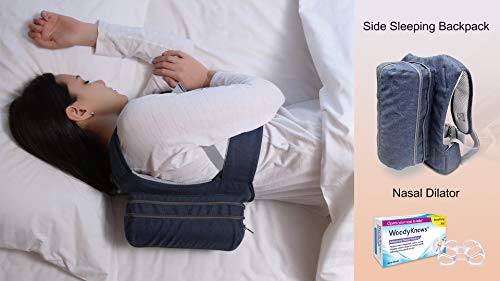 WoodyKnows Side Sleeping Backpack Anti-Snoring Adjustable Pillow, Solution to Tongue Snoring, Stop Snoring Caused by Lying on The Back, Alternative to Mouthpiece (Backpack + Nasal Dilator, Bust<40 in)