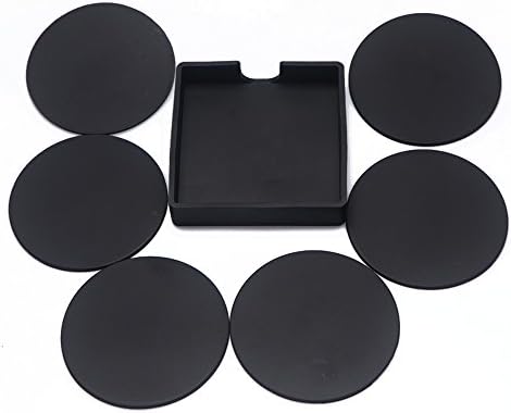 Coasters Set of 6 in Holder - Protect Furniture From Water Marks &amp; Damage - Good Grip, Deep Tray, Large 4 inch Size (Black)