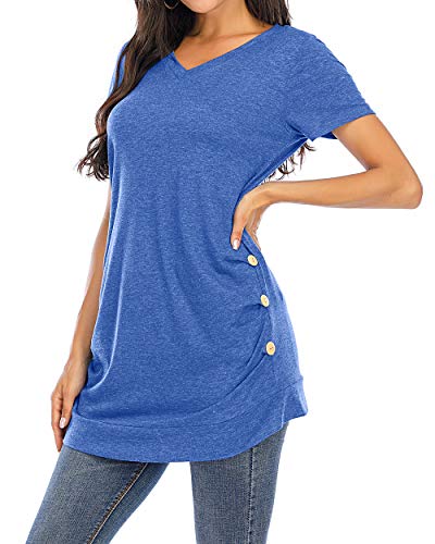 CIZITZZ Women\'s Short Sleeve V Neck T Shirts Tunic Tops Loose Fit Blue XXL
