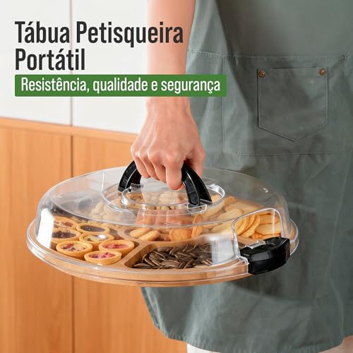 Petisqueira Redonda com Tampa e Travas 30 cm, Bandeja com 5 Divisórias de Acrílico, Porta Petiscos, Organizador para Frios, Snacks e Aperitivos, Cores Branco e Preto (Preto, Redondo)