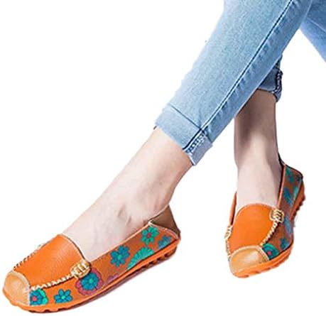 Fheaven New Women Leather Shoes Loafers Soft Leisure Flats Female Casual Shoes Boat Shoes Flats (US:6.5, Orange)