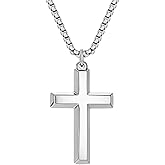 VIPV Cross Necklace for Men Silver Gold Black Stainless Steel Beveled Edge Cross Chain Pendant Christian Necklace for Men Crucifix Pendant Box Chain Length 22-24 Inch
