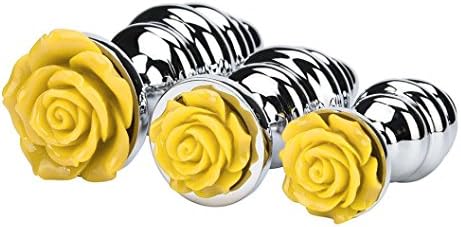 Shaell 3 Pcs 3 Size Rose Shaped Base with Jewelry Aluminum Alloy A-n-a-l B-u-t-t P-l-u-g-s Flirt Toys Super Stimulate Comfortable Temptation Toys (Yellow)